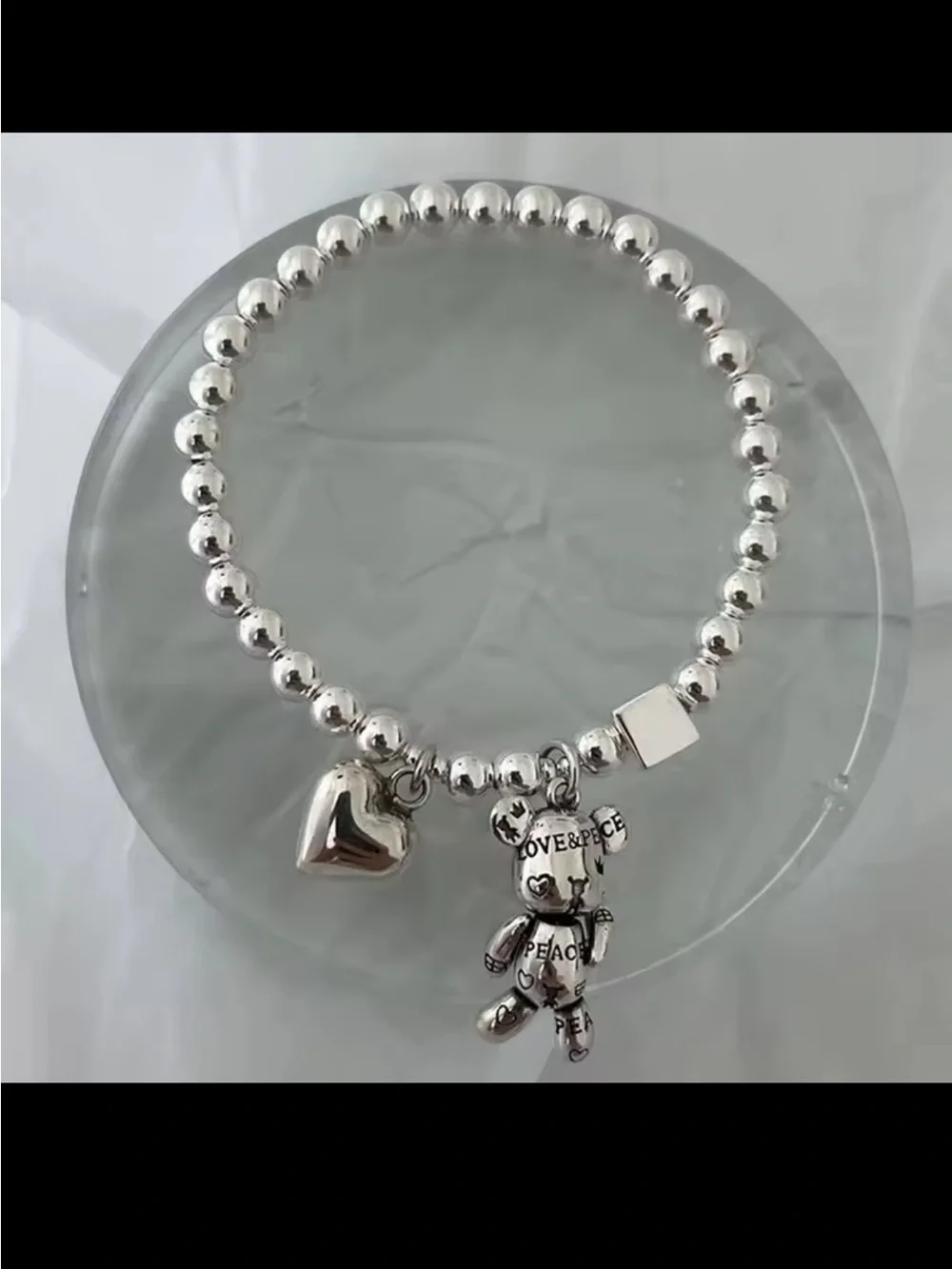Silver Beaded Bracelet with Teddy & Heart Charms